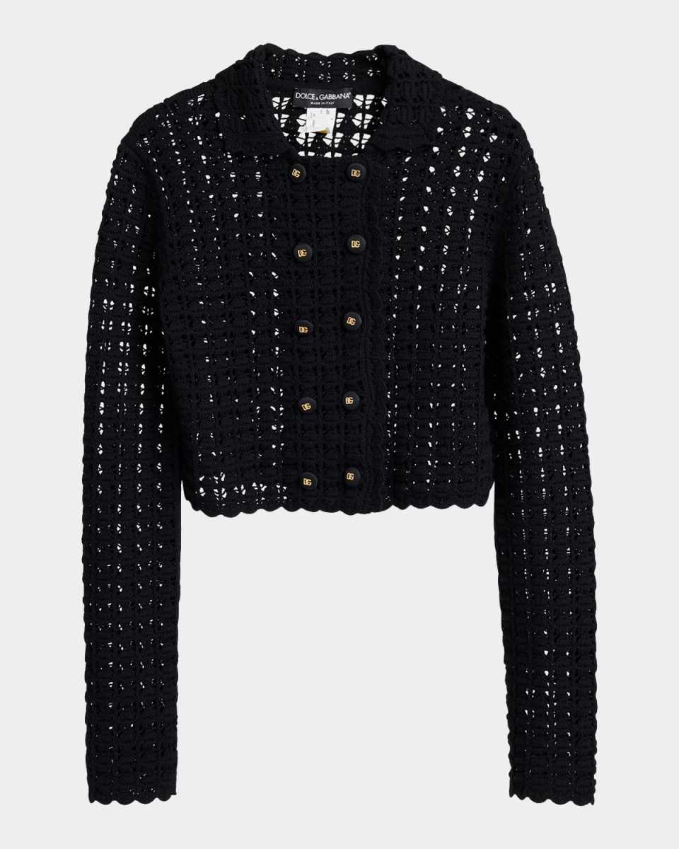 Double-Breasted Crochet Knit Crop Jacket